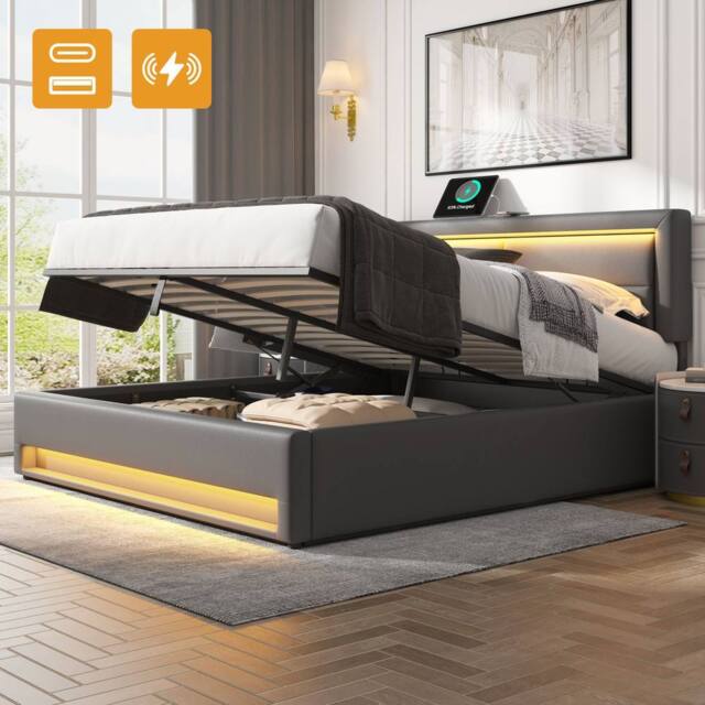 Matteo Modern Upholstered Double Bed 135 x 190 cm with USB Port in Grey - image 1