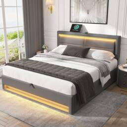 Matteo Modern Upholstered Double Bed 135 x 190 cm with USB Port in Grey - thumbnail 3