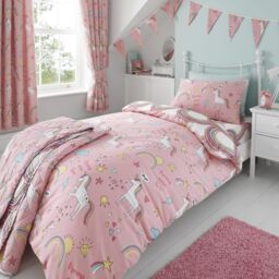 Happy Linen Company Kids Unicorns Rainbows Pink Reversible Duvet Cover Bedding Set - Size: Single
