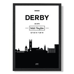 ARTZE Derby Black & White City Skyline Framed Print SIZE: A3 with Black Frame - thumbnail 1