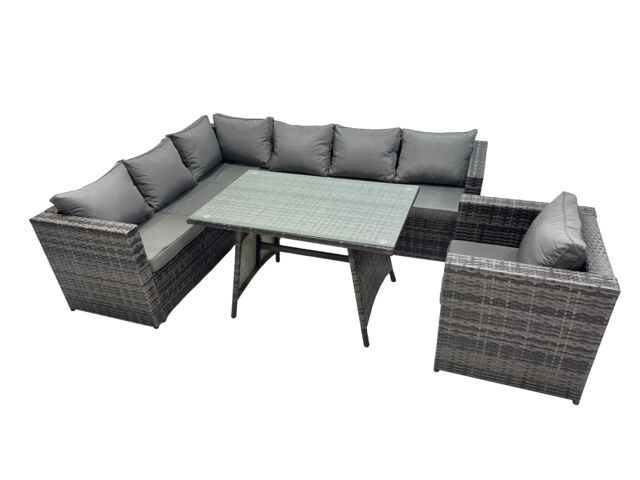 Fimous 7-seater Outdoor PE Rattan Sofa Set with Dining Table Chair in Dark Grey - image 1
