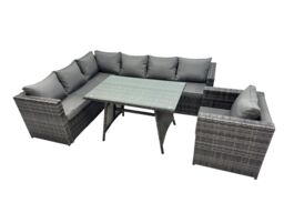 Fimous 7-seater Outdoor PE Rattan Sofa Set with Dining Table Chair in Dark Grey - thumbnail 1