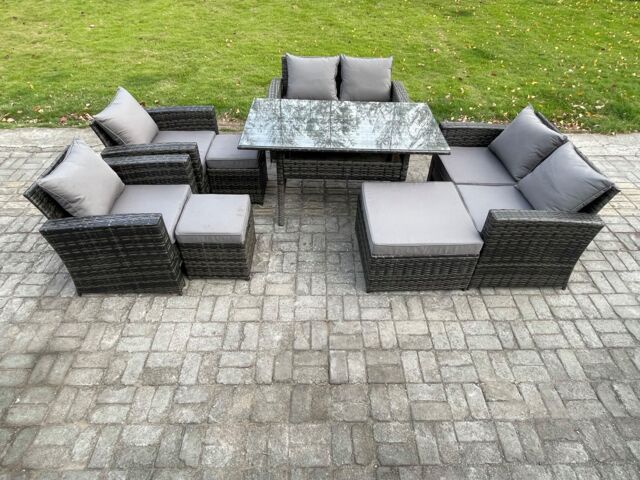 Fimous Garden Furniture Sets 8 Pieces Rattan Furniture Handmade Wicker Patio Sofa Set with 3 Footstools Dark Grey Mixed