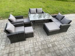 Fimous Garden Furniture Sets 8 Pieces Rattan Furniture Handmade Wicker Patio Sofa Set with 3 Footstools Dark Grey Mixed - thumbnail 2