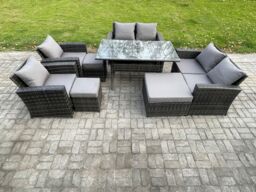 Fimous Garden Furniture Sets 8 Pieces Rattan Furniture Handmade Wicker Patio Sofa Set with 3 Footstools Dark Grey Mixed - thumbnail 1