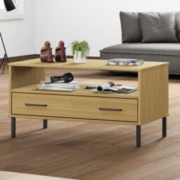Berkfield Home Coffee Table with Metal Legs Brown 85x50x45cm Solid Wood OSLO - Size: 85 x 50 x 45 cm