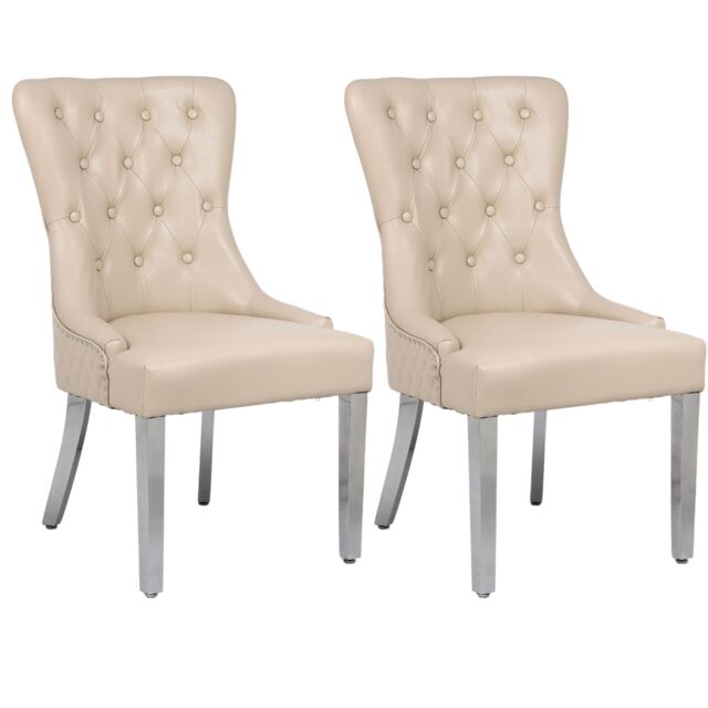 Modernique A Pair (x2) Leather Aire High Back Dining Chairs with Chrome Legs in Beige - image 1