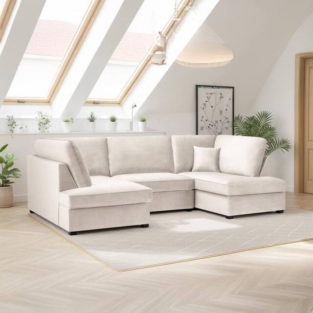 Furnishings For Less UK California Plush Velvet Beige U shaped 6 Seater Sofa + Footstool - image 1