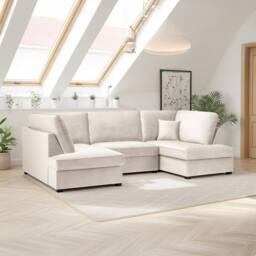 Furnishings For Less UK California Plush Velvet Beige U shaped 6 Seater Sofa + Footstool - thumbnail 1