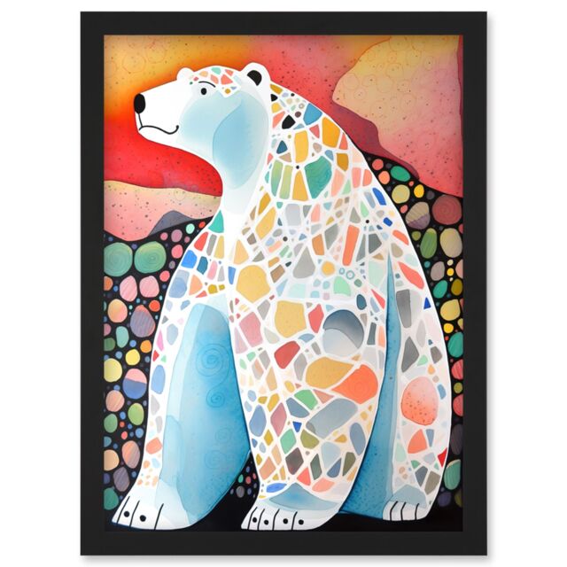 Artery8 Polar Bear With Mosaic Pattern Folk Art Artwork Framed Wall Art Print A4 in Black - image 1