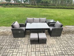 Fimous Wicker PE Rattan Garden Furniture Set Outdoor Rectangular Dining Table & Chair Sofa Set With 2 Small Footstools in Dark Grey - thumbnail 1
