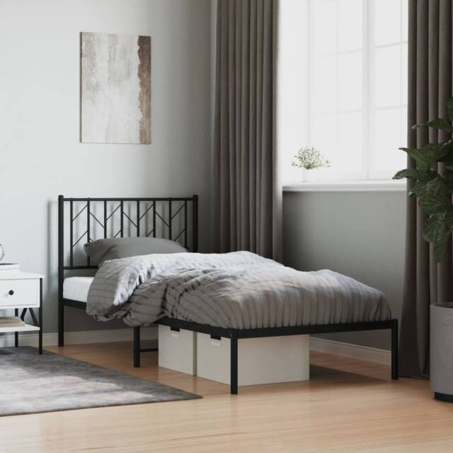 Berkfield Home Metal Bed Frame without Mattress with Headboard Black 90x190cm - Size: 90x190 cm - image 1