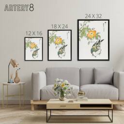 "Artery8 Grey Starling Japan Tree Katsura Framed Canvas Wall Art Print Kashu - Size: W12"" x H16""" - thumbnail 4