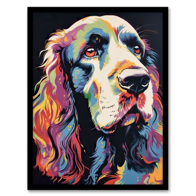 Artery8 Wall Art Print English Cocker Spaniel Head Colourful Painting Cute Dog Portrait Art Framed - Size: A4 - image 1