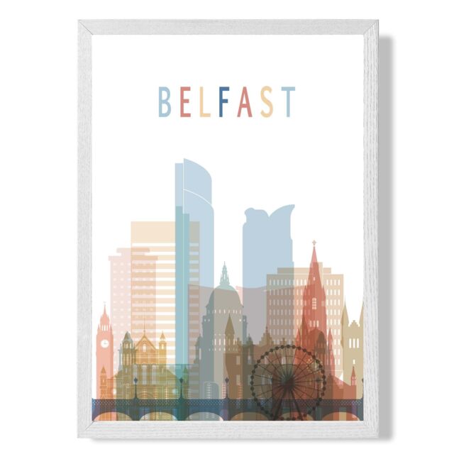 ARTZE Belfast Colourful City Skyline Framed Print SIZE: A4 with White Frame in Pale Blue - image 1