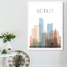 ARTZE Belfast Colourful City Skyline Framed Print SIZE: A4 with White Frame in Pale Blue - thumbnail 2
