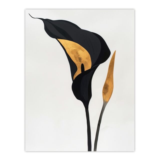 "Artery8 Elegant Calla Lily Black Gold Floral Painting Wall Art Print in Blue - Size: W18"" x H24""" - image 1