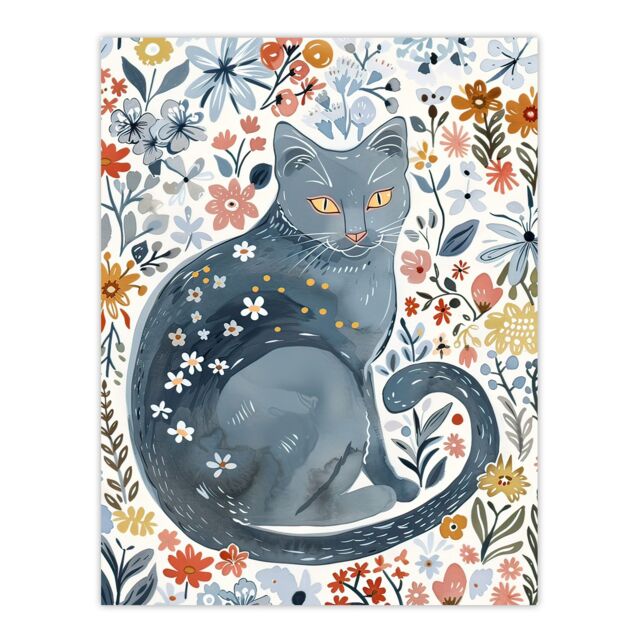 "Artery8 Cat Lover Russian Blue with Bright Wildflowers Wall Art Print - Size: W24"" x H32""" - image 1