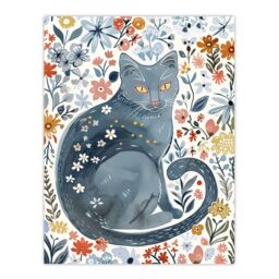 "Artery8 Cat Lover Russian Blue with Bright Wildflowers Wall Art Print - Size: W24"" x H32""" - thumbnail 1