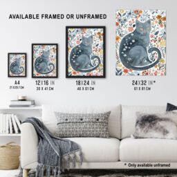 "Artery8 Cat Lover Russian Blue with Bright Wildflowers Wall Art Print - Size: W24"" x H32""" - thumbnail 3