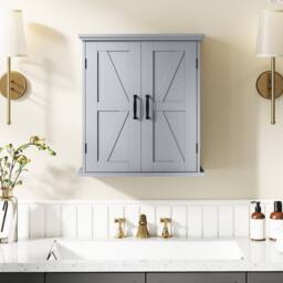 Costway Bathroom Wall Cabinet Farmhouse Medicine Cabinet w/ 2 Doors & Shelves in Grey - thumbnail 3