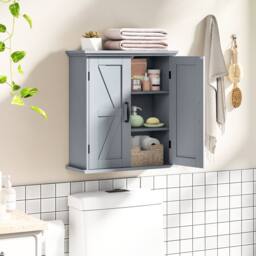 Costway Bathroom Wall Cabinet Farmhouse Medicine Cabinet w/ 2 Doors & Shelves in Grey - thumbnail 4