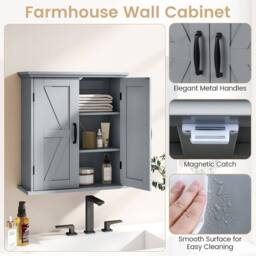 Costway Bathroom Wall Cabinet Farmhouse Medicine Cabinet w/ 2 Doors & Shelves in Grey - thumbnail 6