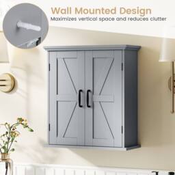 Costway Bathroom Wall Cabinet Farmhouse Medicine Cabinet w/ 2 Doors & Shelves in Grey - thumbnail 8