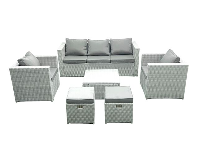 Fimous 7 Seater Rattan Garden Furniture Set with 3 Seater Sofa 2 Chair Square Coffee Table 2 Small Footstools Light Grey Mixed - image 1
