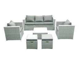 Fimous 7 Seater Rattan Garden Furniture Set with 3 Seater Sofa 2 Chair Square Coffee Table 2 Small Footstools Light Grey Mixed - thumbnail 1
