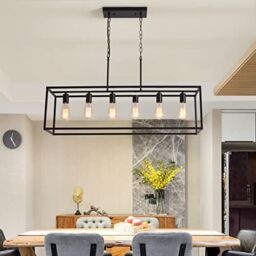 Garwarm 6 Light Rectangle Chandelier, Black Pendant Lights Kitchen Island, Farmhouse Chandeliers Rustic Kitchen Island Light