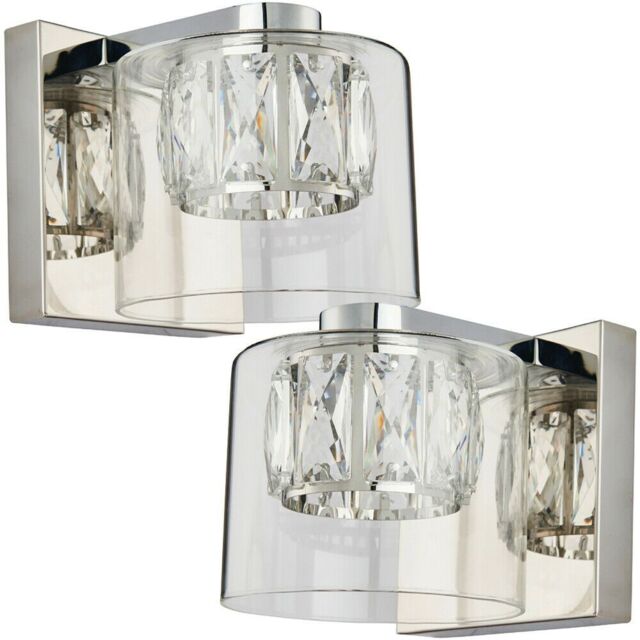 Loops 2 PACK Crystal LED Wall Light Square Chrome & Luxury Shade Glass Lamp Fitting in Clear - image 1