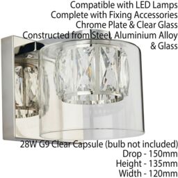 Loops 2 PACK Crystal LED Wall Light Square Chrome & Luxury Shade Glass Lamp Fitting in Clear - thumbnail 3