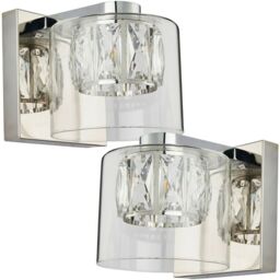 Loops 2 PACK Crystal LED Wall Light Square Chrome & Luxury Shade Glass Lamp Fitting in Clear - thumbnail 1