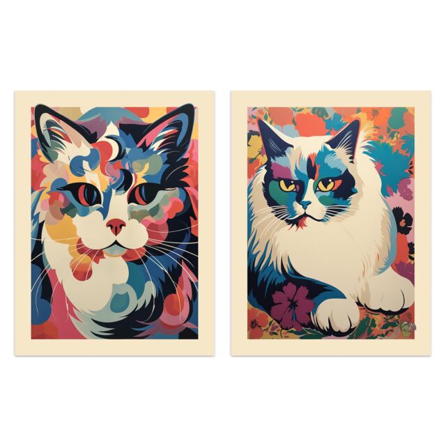 Artery8 Wall Art Print Set of 2 s Matisse Style Cat Art Colourful Pastel Pussycats 2 Pack Poster Living Room s - Size: A4 - image 1