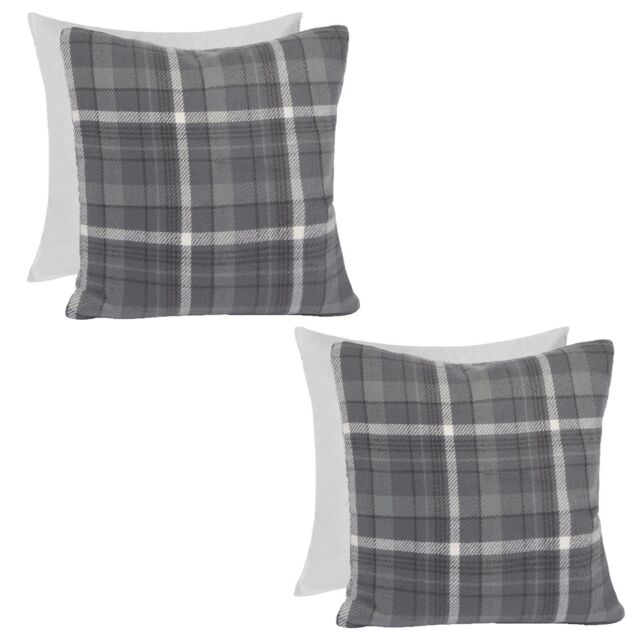 OHS Woven Check Cushion Covers Tartan Pack of 2 Filled Case Pad Set in Charcoal - Size: 45 cm x 45 cm - image 1