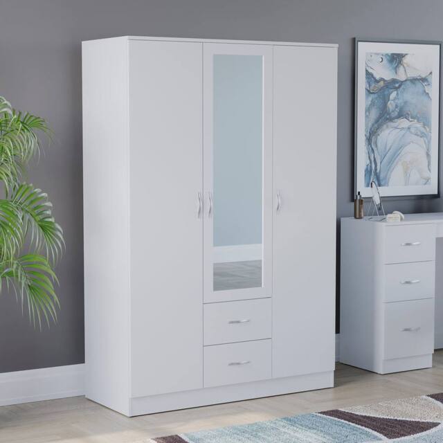 HD Designs Riano 3 Door 2 Drawer Mirrored Wardrobe Storage Organizer in White - image 1