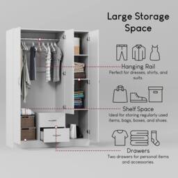 HD Designs Riano 3 Door 2 Drawer Mirrored Wardrobe Storage Organizer in White - thumbnail 5