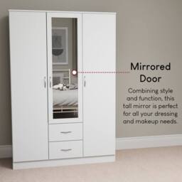 HD Designs Riano 3 Door 2 Drawer Mirrored Wardrobe Storage Organizer in White - thumbnail 6
