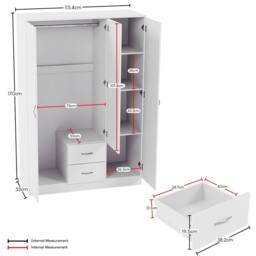 HD Designs Riano 3 Door 2 Drawer Mirrored Wardrobe Storage Organizer in White - thumbnail 3