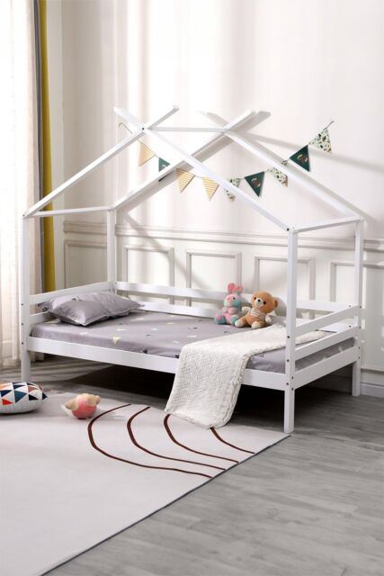 SlumberWorx Teddy Kids Childrens Wooden House Treehouse Single Bed Frame in White - image 1