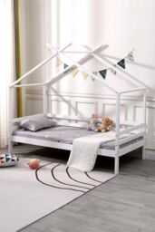 SlumberWorx Teddy Kids Childrens Wooden House Treehouse Single Bed Frame in White