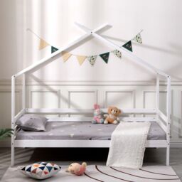 SlumberWorx Teddy Kids Childrens Wooden House Treehouse Single Bed Frame in White - thumbnail 2