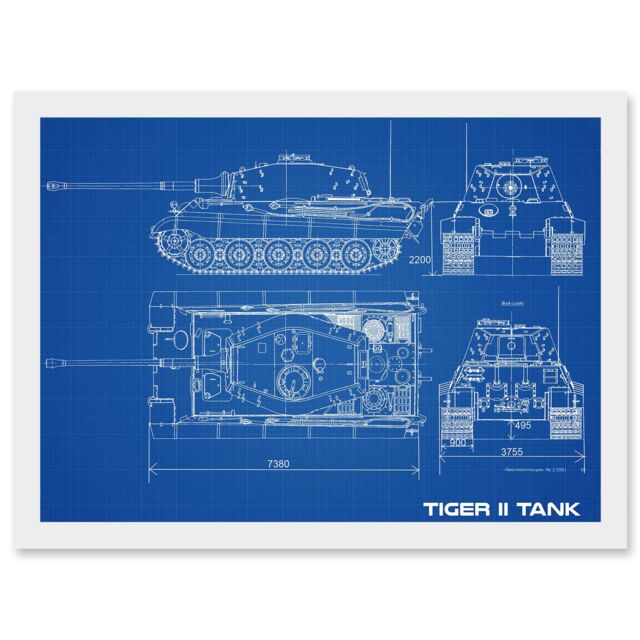 Artery8 Military Tiger II Panzer Kampfwagen Heavy Tank Blueprint Plan Artwork Framed Wall Art Print A4 in White - image 1
