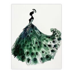 "Artery8 Glamorous Peacock Fashion Dress Silhouette Wall Art Print in Green - Size: W24"" x H32""" - thumbnail 1
