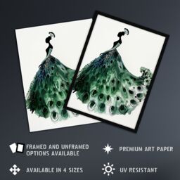 "Artery8 Glamorous Peacock Fashion Dress Silhouette Wall Art Print in Green - Size: W24"" x H32""" - thumbnail 2