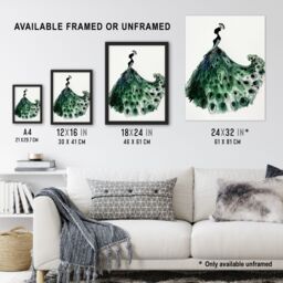 "Artery8 Glamorous Peacock Fashion Dress Silhouette Wall Art Print in Green - Size: W24"" x H32""" - thumbnail 3