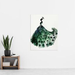 "Artery8 Glamorous Peacock Fashion Dress Silhouette Wall Art Print in Green - Size: W24"" x H32""" - thumbnail 4