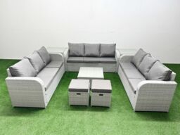 Fimous PE Rattan Lounge Sofa Set 11 Seater Outdoor Garden Furniture Set with Square Coffee Table 3 Seater Sofa 2 Stools 2 Side Table Light Grey - thumbnail 2