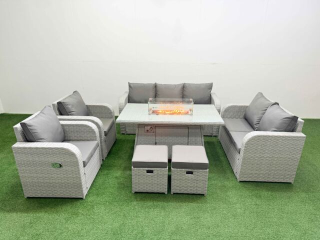 Fimous PE Rattan Garden Furniture Set Reclining Chair Sofa Double Love Seat 2 Seater Sofa Lounge Set Firepit Dining Table 2 Stools Light Grey - image 1